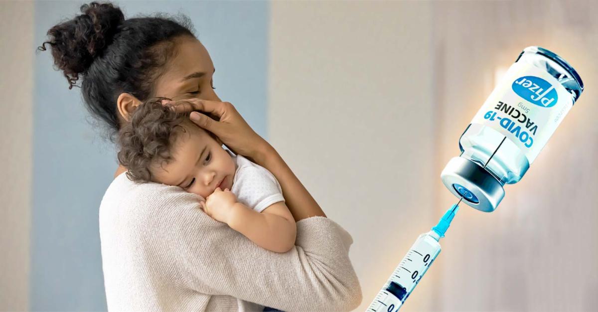 pfizer vaccine on left and woman holding her son on right