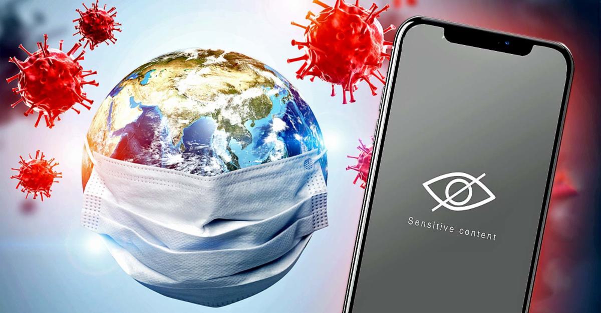 covid and mask on top of globe with cell phone and censor warning 