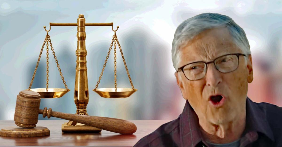 bill gates with a gavel and scales behind him