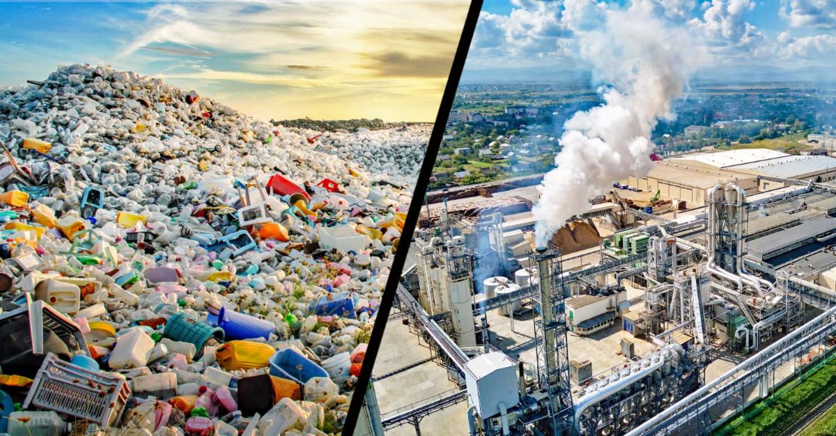 petrochemical factory on the right and plastic pollution pile on the left