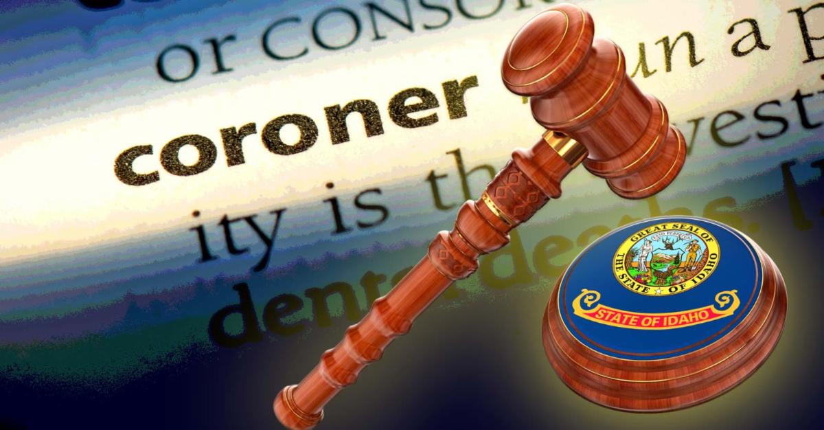idaho flag on gavel and word "coroner"