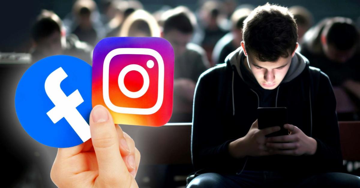 teen on phone and facebook and instagram logos 