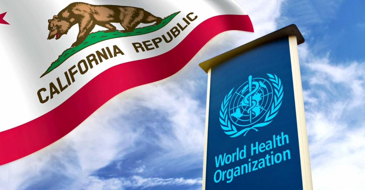 california flag and world health organization sign