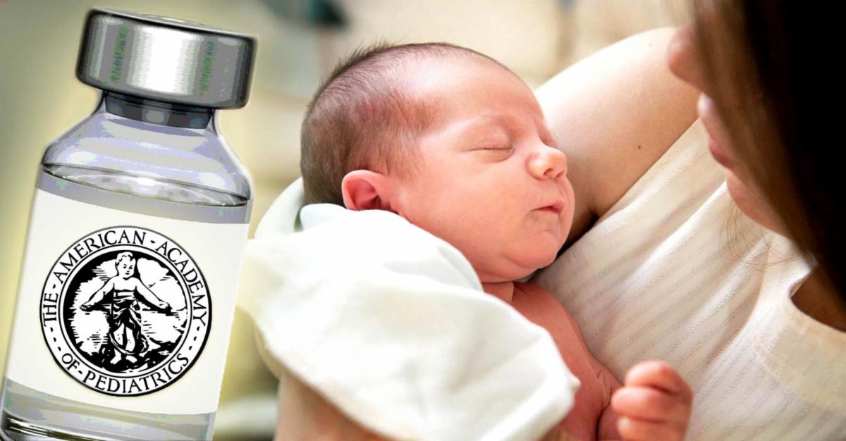 mom holding baby and vaccine bottle with aap logo