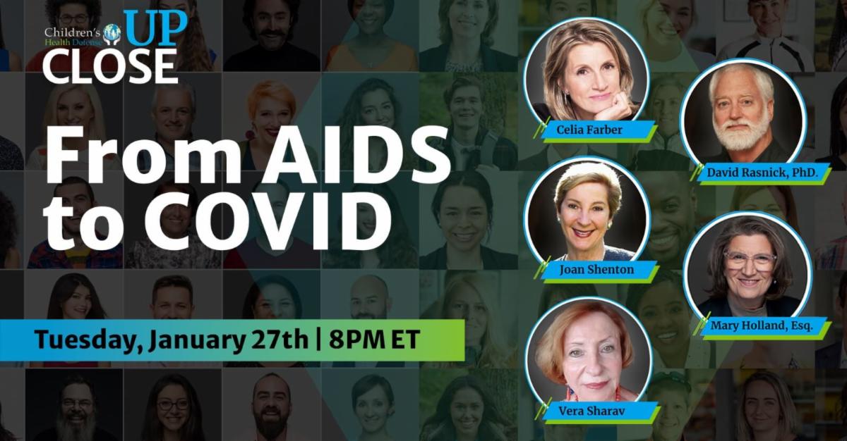 CHD UpClose From AIDS to COVID - headshots of Mary Holland, Vera Sharav, Celia Farber, Joan Shenton, David Rasnick