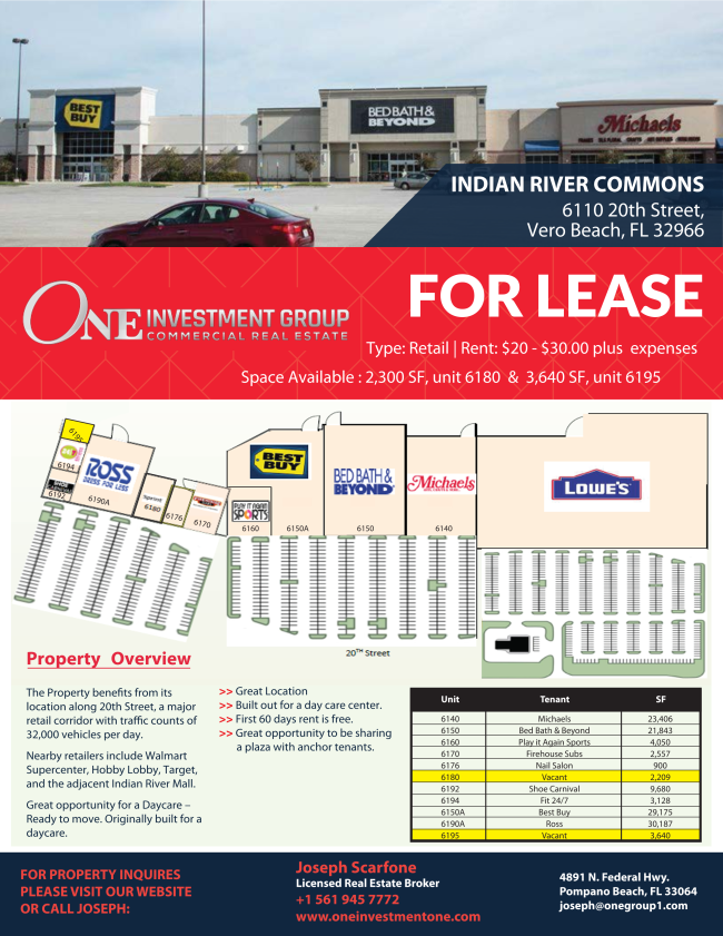 Information on available lease space in Indian River Commons