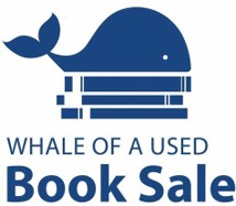 Whale of a Used Book Sale logo featuring a blue whale above stacked books.