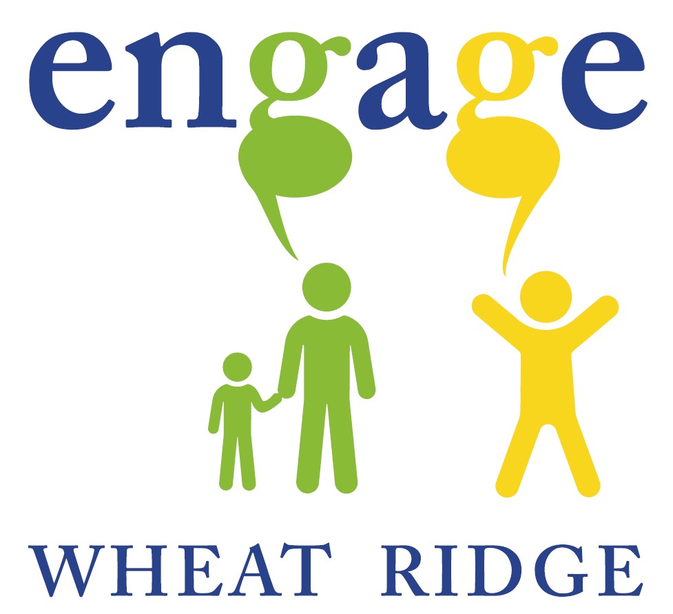 Engage Wheat Ridge logo featuring community engagement imagery, including an adult and child holding hands and a person with raised arms beneath stylized speech bubbles.