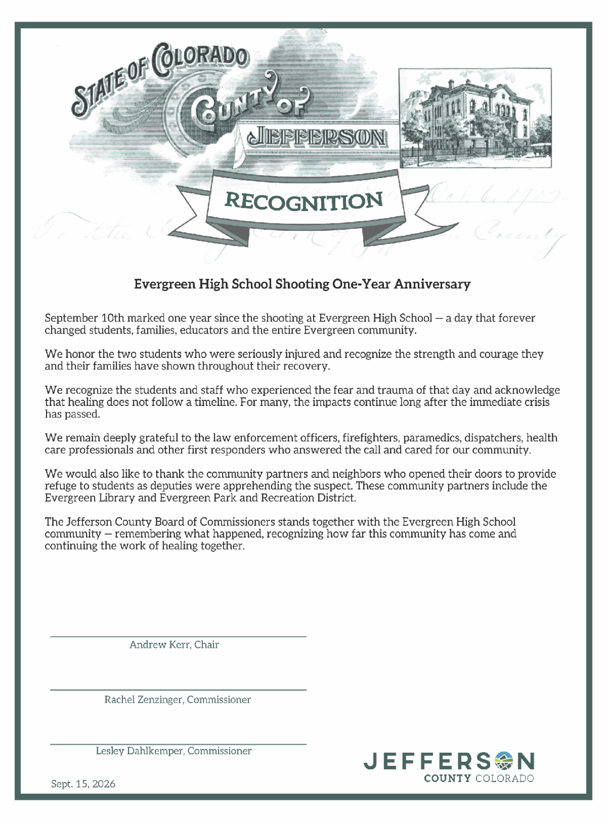 Jefferson County recognition marking the one-year anniversary of the Evergreen High School shooting and honoring the students, families, staff, first responders and community affected.