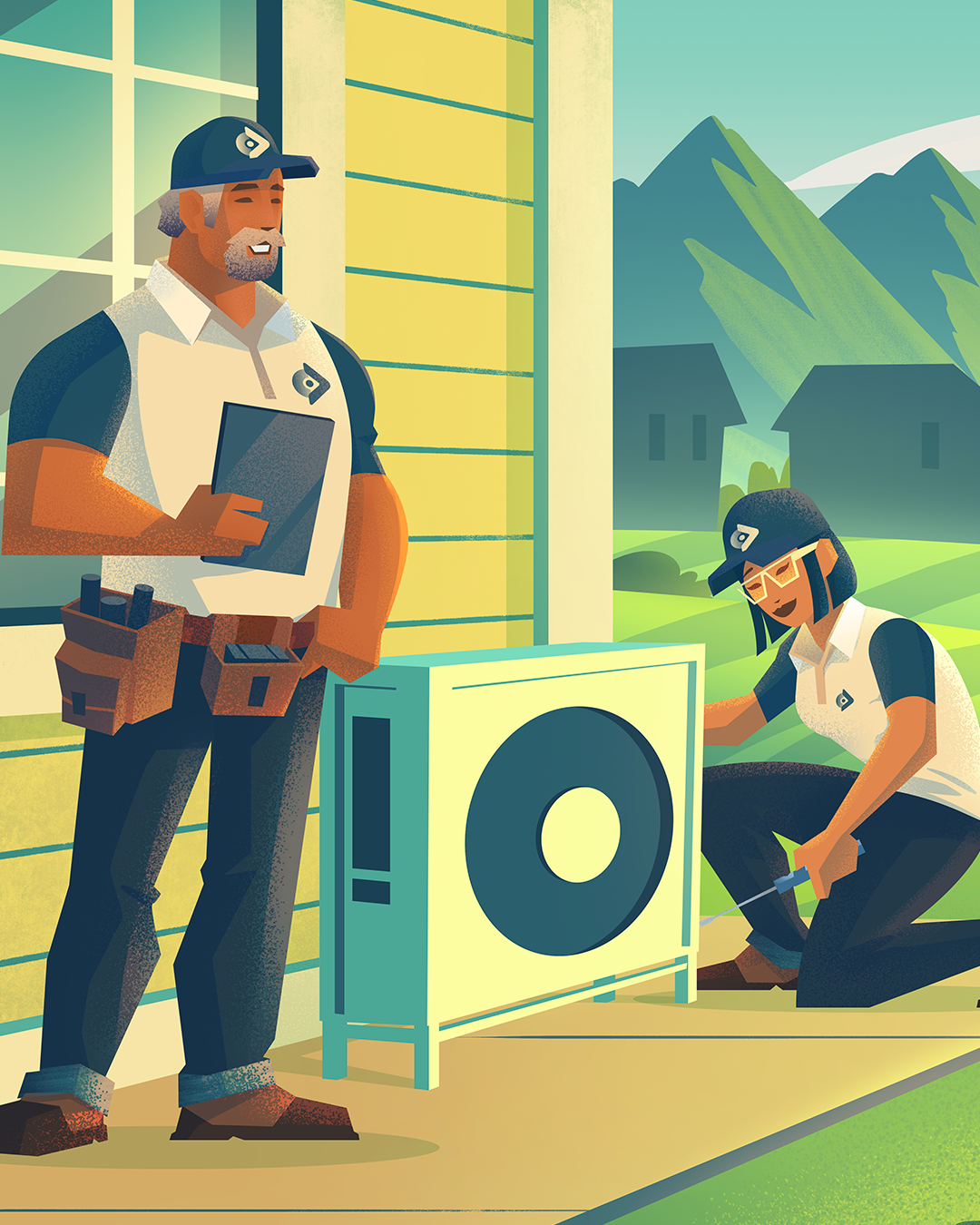 Illustration of two technicians servicing an outdoor heat pump beside a home.