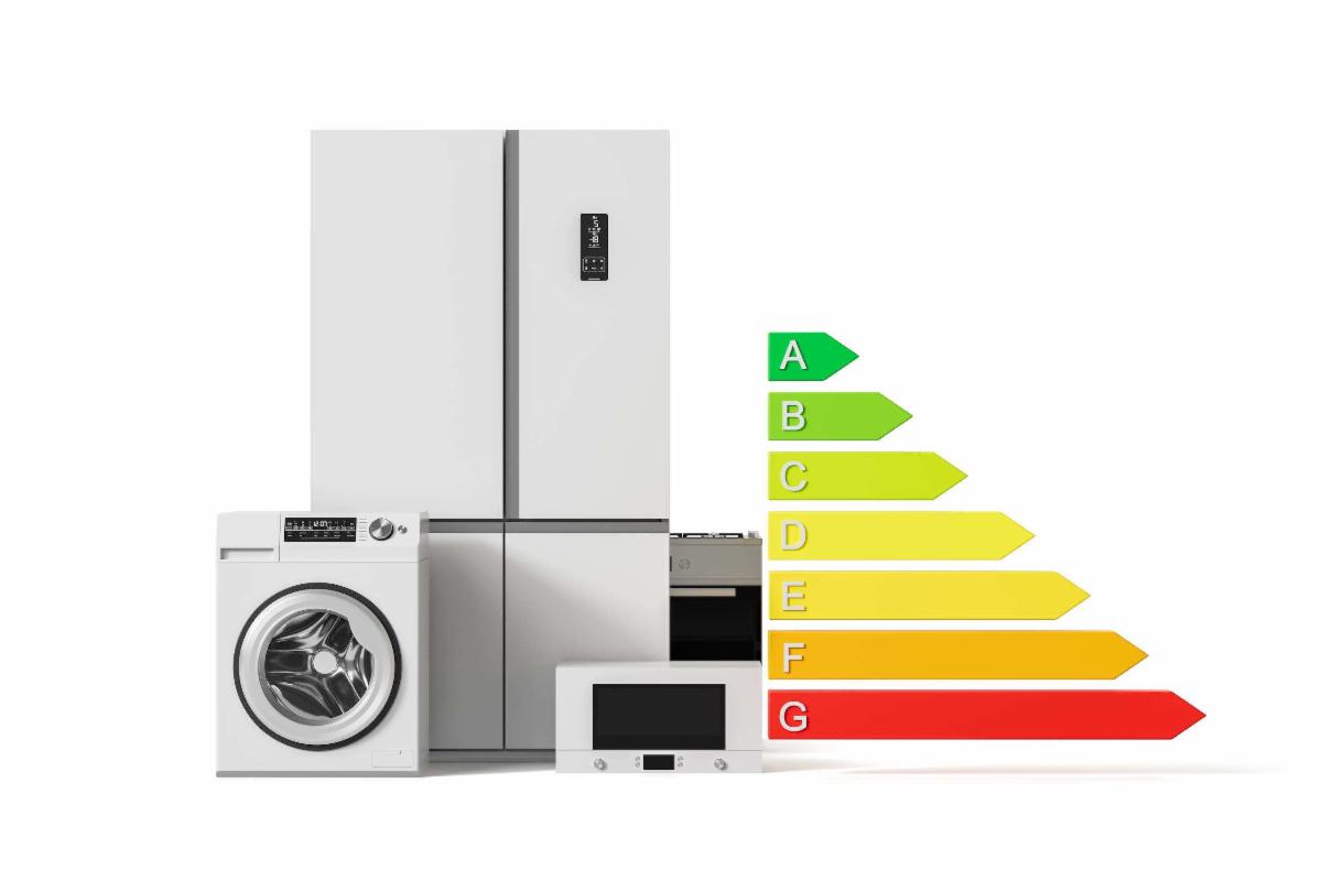 Energy-efficiency graphic showing a refrigerator, washing machine, oven and microwave beside an A-to-G energy rating scale.