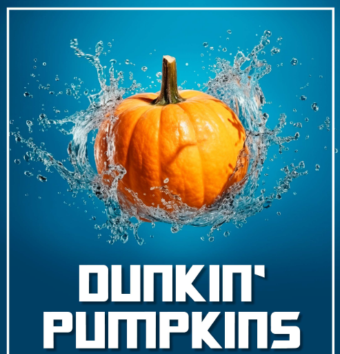Orange pumpkin surrounded by a splash of water with the text â€œDunkinâ€™ Pumpkins.â€