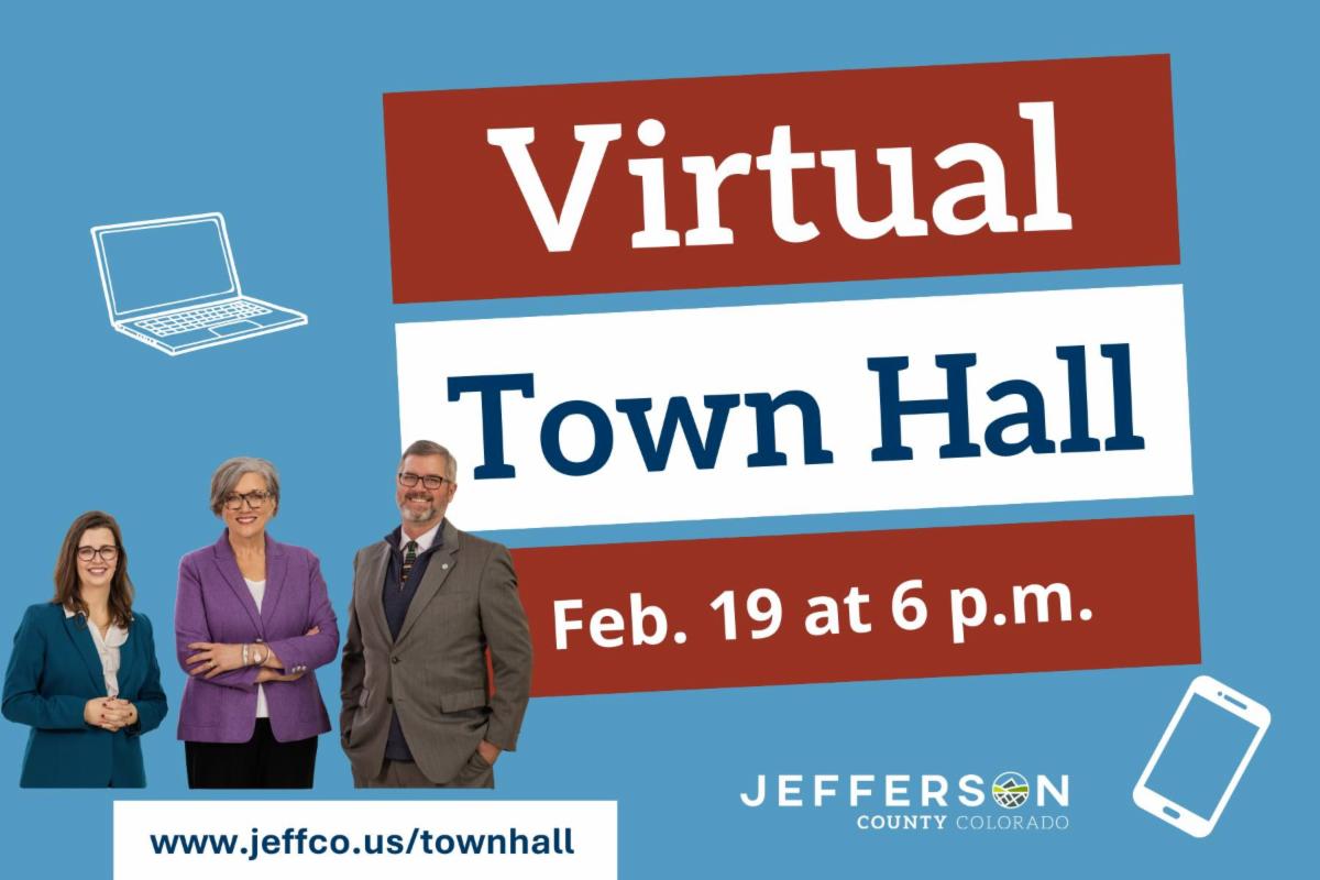 Graphic promoting a Jefferson County virtual town hall on February 19 at 6 p.m. with event website listed.