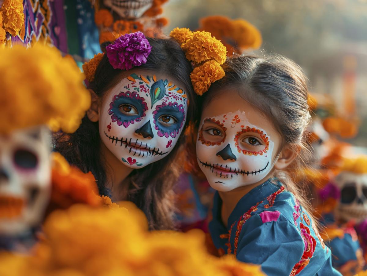 Two children with colorful DÃ­a de los Muertos face paint and marigolds in their hair.