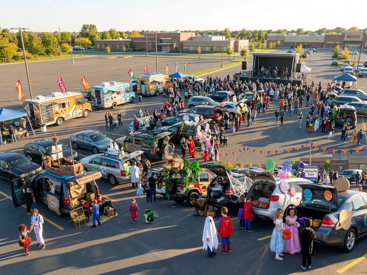Families in costumes visit decorated vehicles at a large outdoor trunk-or-treat event with food trucks and a stage.