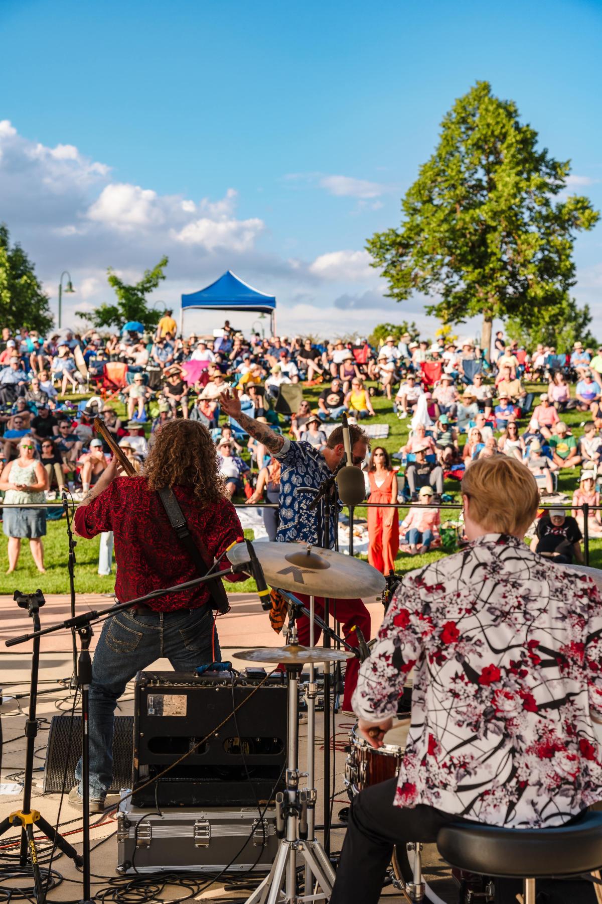 Musicians perform from a park stage facing a large seated audience on a sunny day.