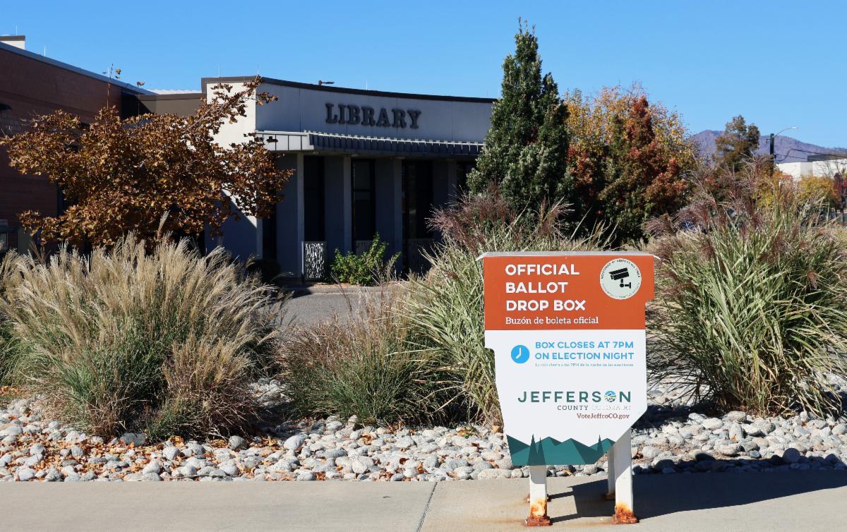 Official Jefferson County ballot drop box outside a library.