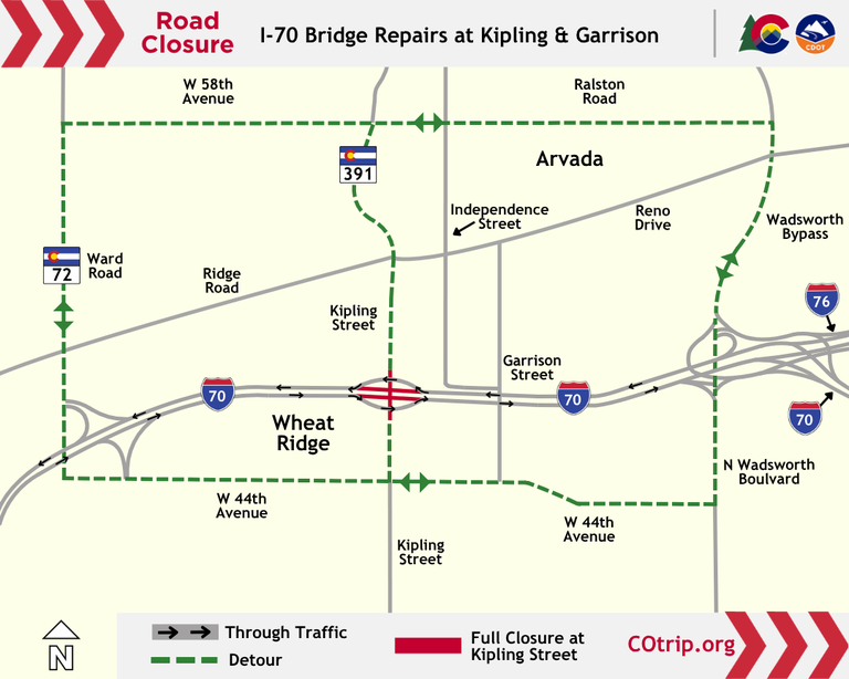 Map showing the I-70 bridge repair closure at Kipling Street and the detour route using Wadsworth Boulevard, West 44th Avenue, Ward Road and West 58th Avenue.