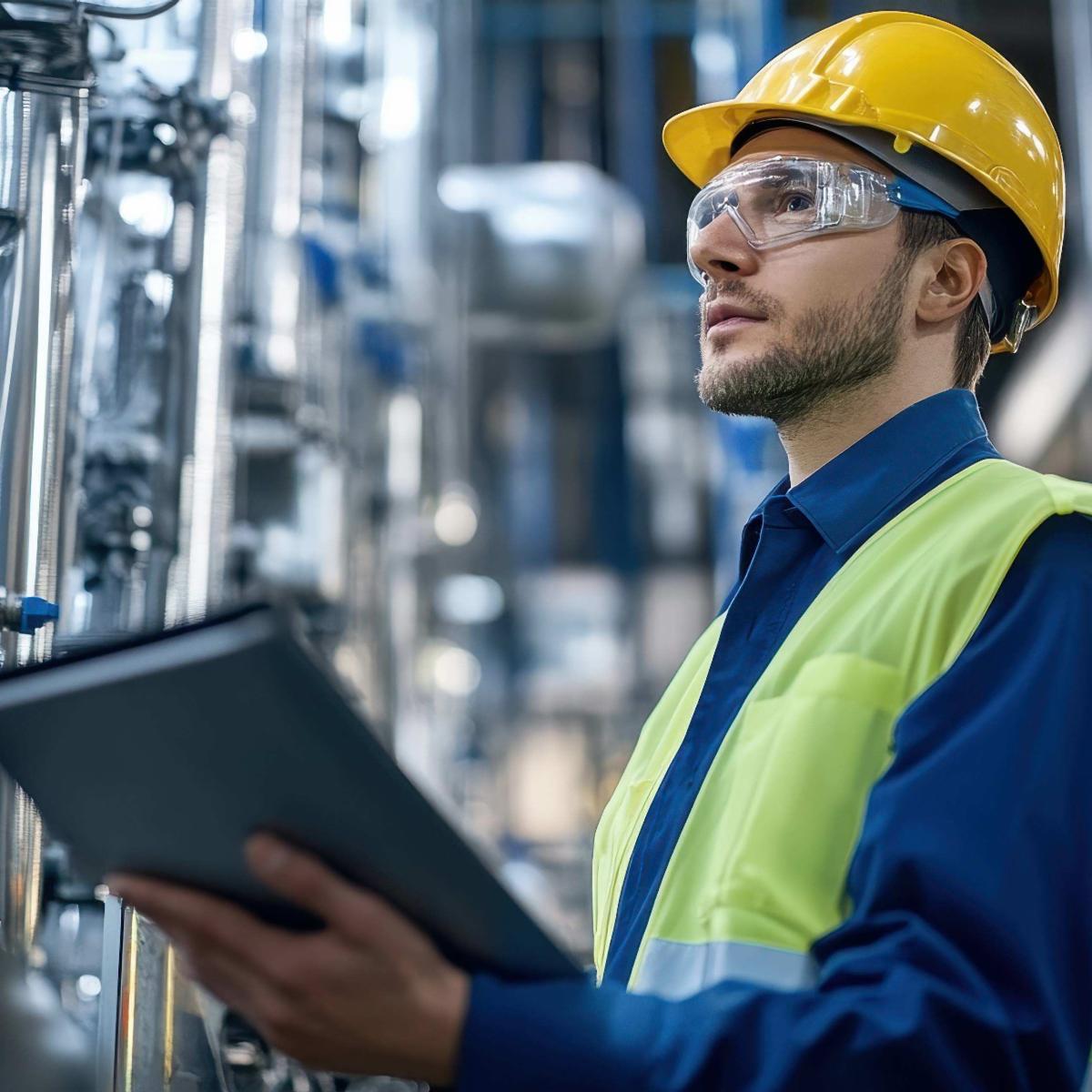 Worker wearing a yellow hard hat, safety glasses and reflective vest inspects industrial equipment while holding a tablet.