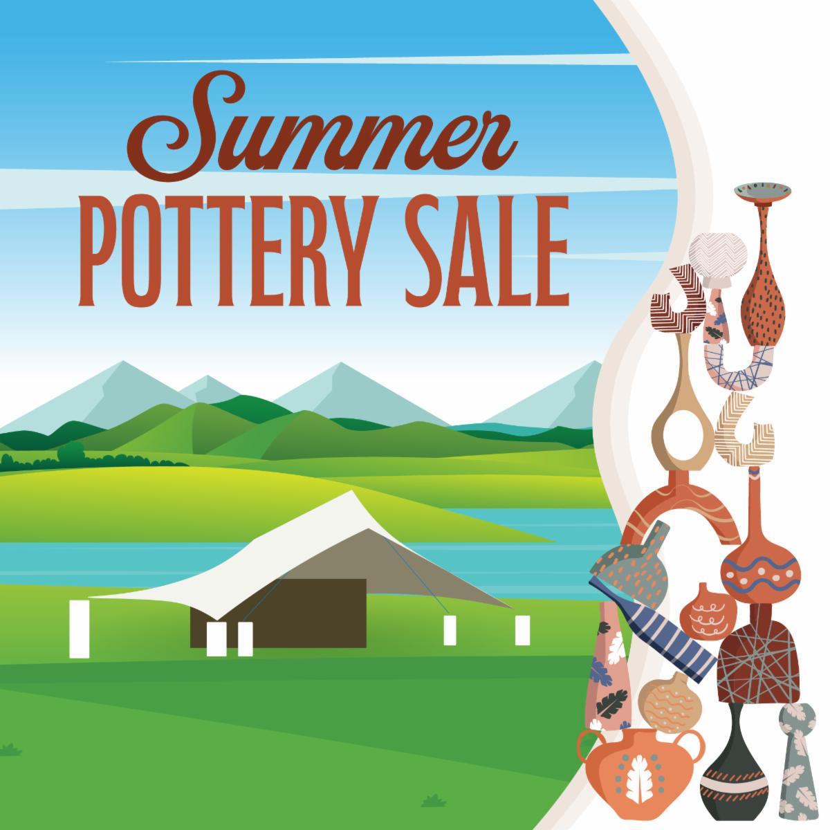 Graphic reading Summer Pottery Sale over a mountain landscape with illustrated pottery along the right side.