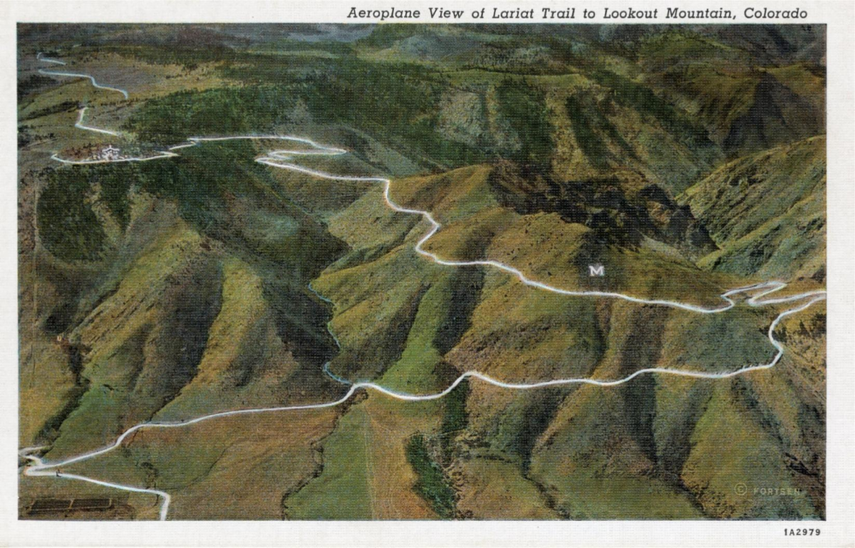 A postcard depicting an aeroplane view of the Lariat Trail to Lookout Mountain