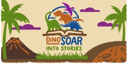 DinoSOAR into Stories logo with a flying dinosaur, volcano, palm trees, and dinosaur footprints.