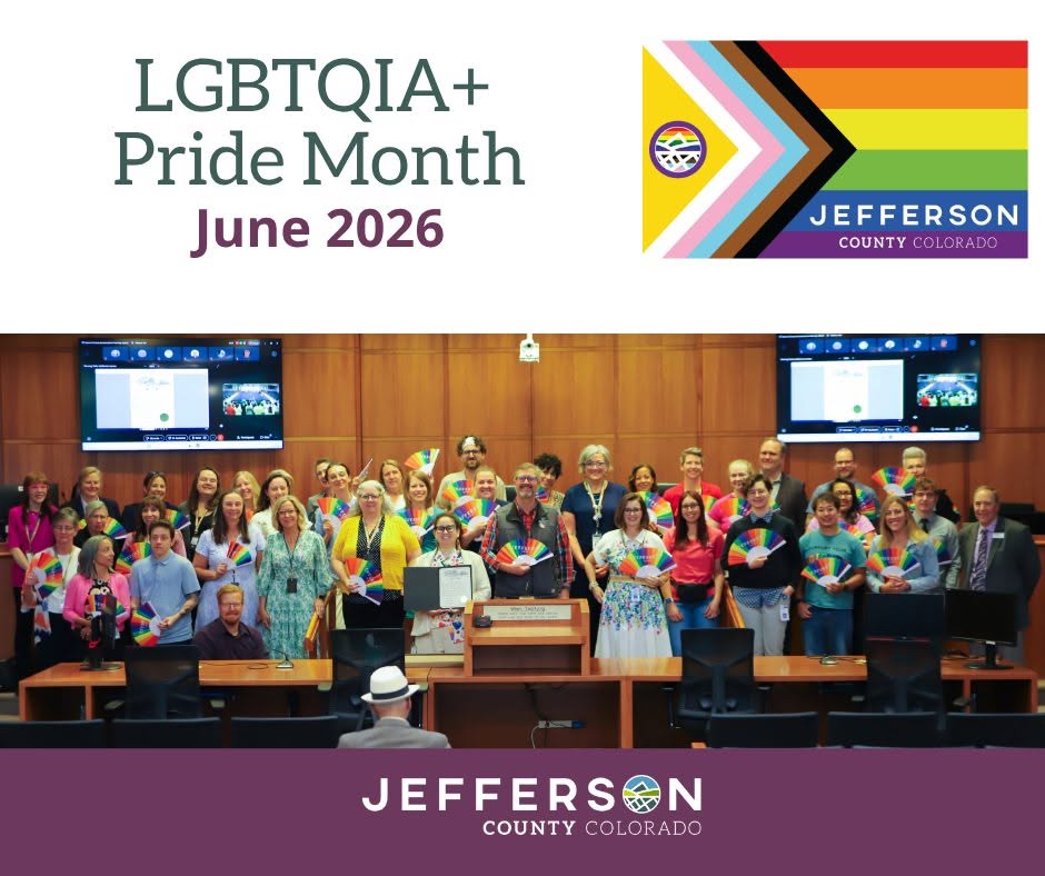 A graphic titled LGBTQIA+ Pride Month â June 2026, featuring a photo of the Jefferson County Board of Commissioners' proclamation ceremony and the Jefferson County Pride Flag.