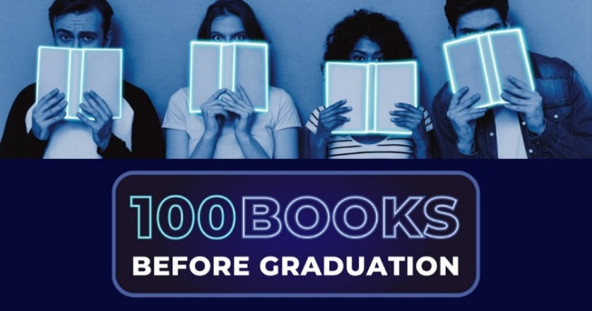 100 Books Before Graduation graphic featuring four young people holding glowing books.
