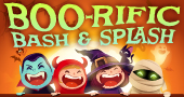 Colorful â€œBoo-rific Bash & Splashâ€ graphic featuring cartoon characters in Halloween costumes.