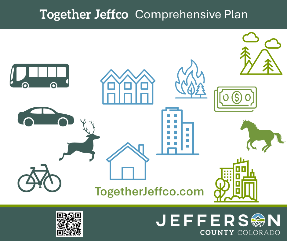 Graphic for the Together Jeffco Comprehensive Plan with icons representing transportation, housing, environment, economy, and community planning, plus a QR code and TogetherJeffco.com.