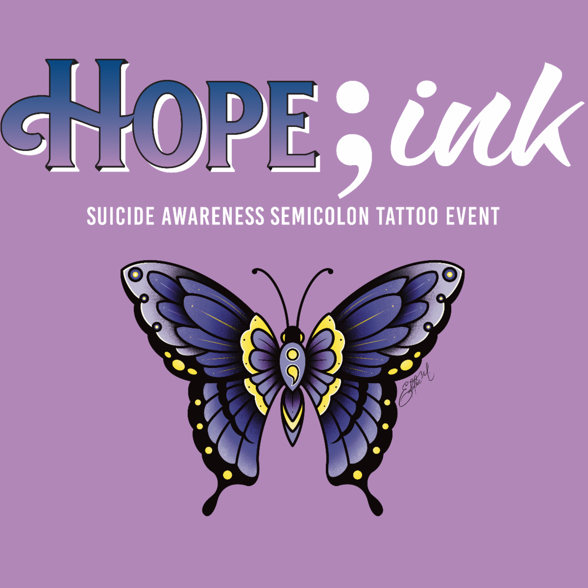 Hope;Ink Suicide Awareness Semicolon Tattoo Event logo featuring a purple, yellow and black butterfly with a semicolon incorporated into its body
