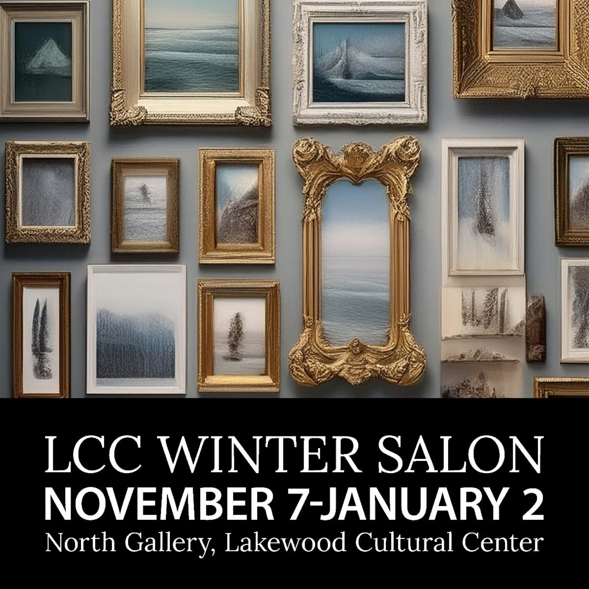 Lakewood Cultural Center Winter Salon exhibition graphic featuring framed artwork and dates Nov. 7 to Jan. 2.