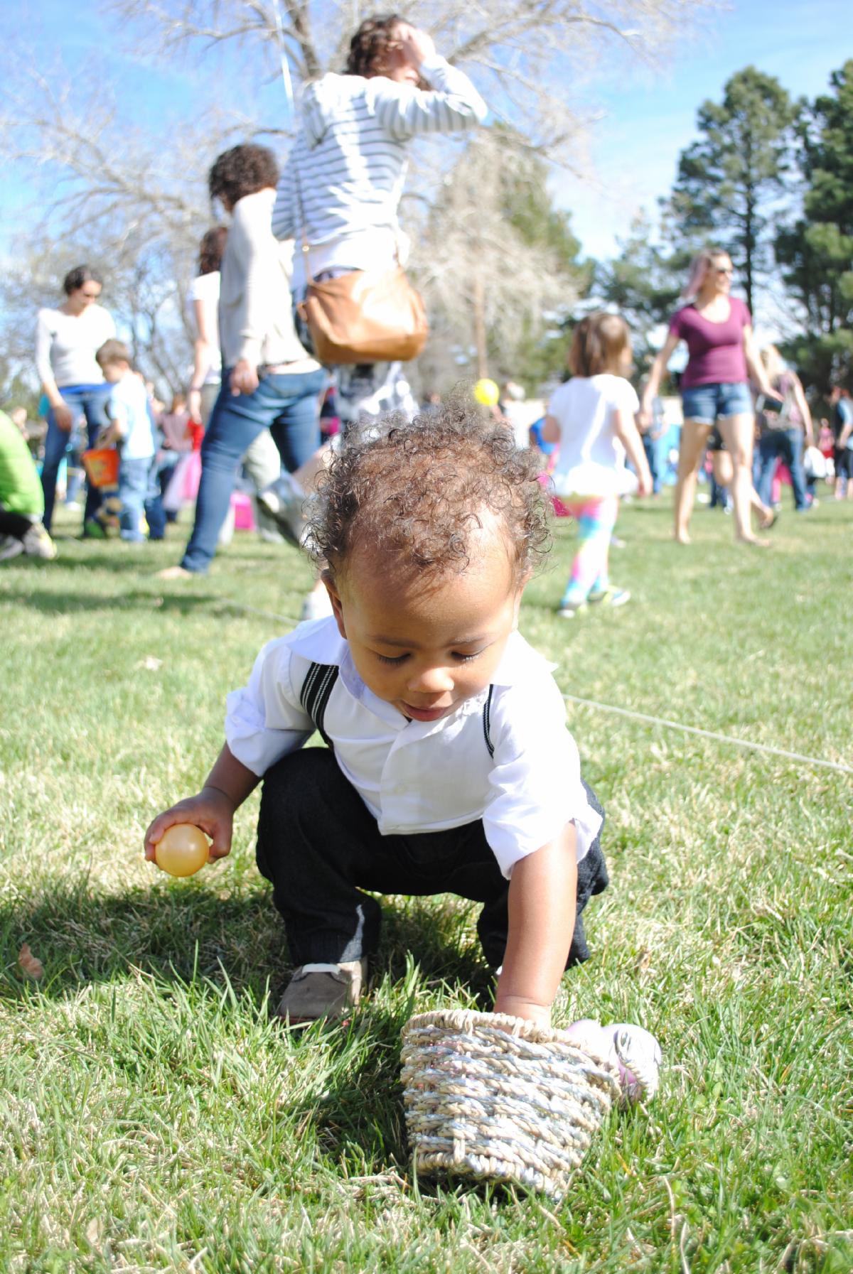 Child picking up eggs during an outdoor egg hunt.