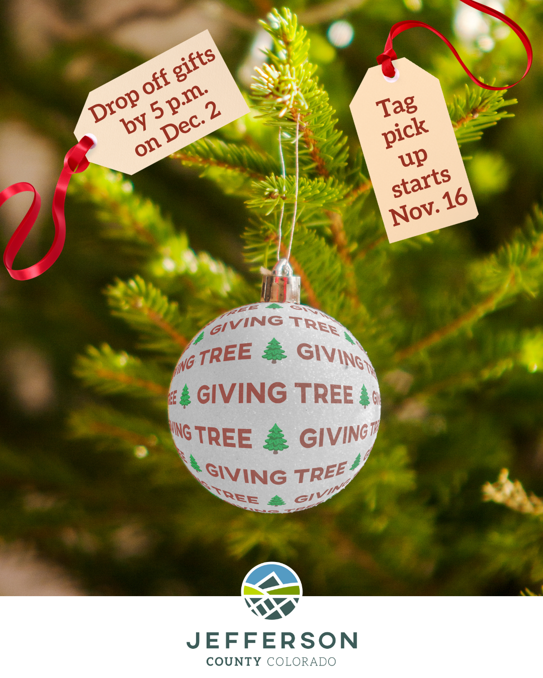 A graphic for the Jefferson County Giving Tree, with a bulb with "Giving Tree" written on it and two tags saying: "Drop off gifts by 5 p.m. on Dec. 2" and "Tag pick up starts Nov. 16" with a Jefferson County logo at the bottom.