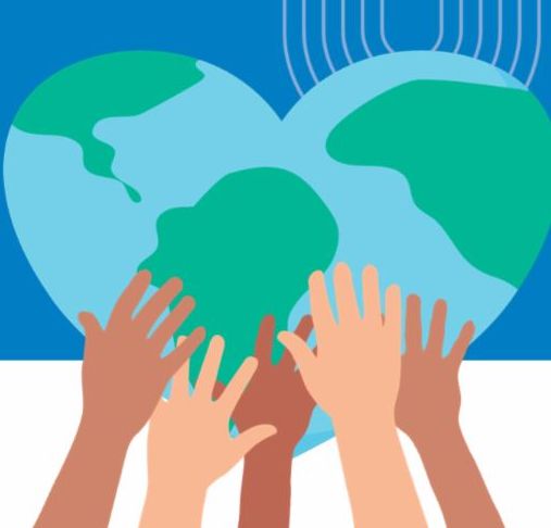 Hands holding planet earth shaped like a heart