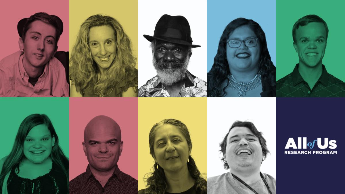 A photo collage of a diverse group of people with disabilities. The Disability Pride flag colors are in the background.