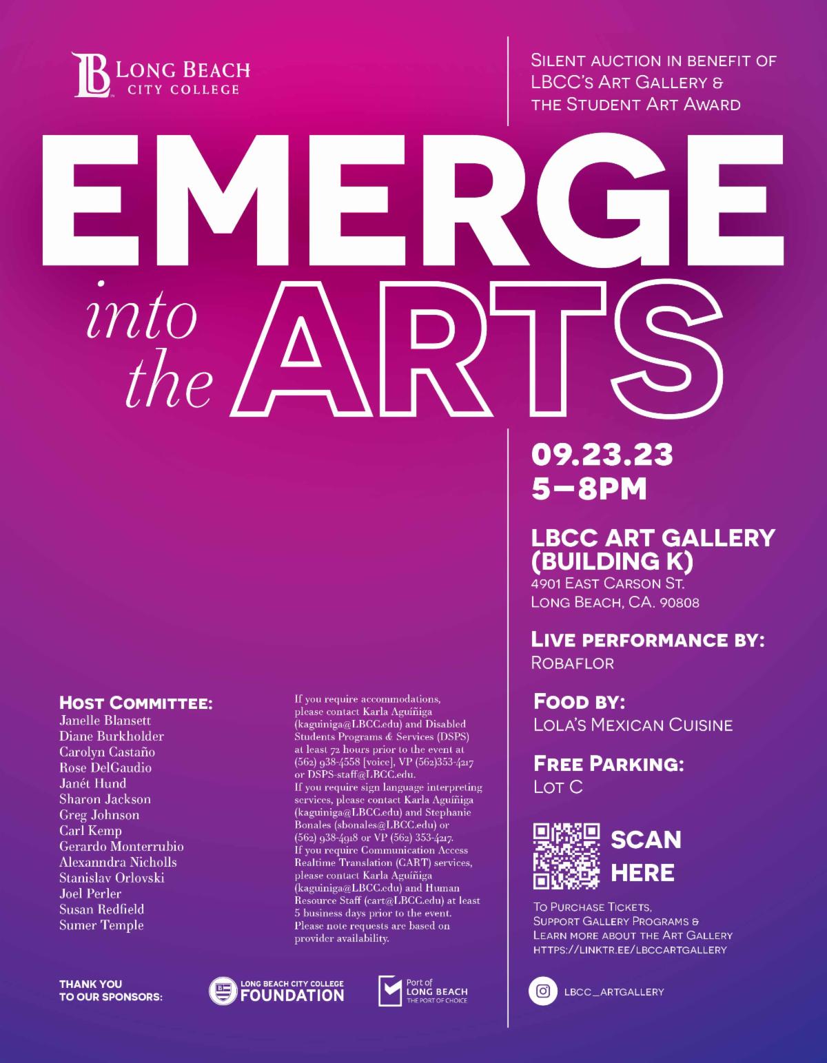 A Flyer for Long Beach City Colleges Emerge Into The Arts silent auction on September 23 from 5 PM to 8 PM at LBCC Art Gallery Building K. Learn more at lbcc.edu slash carousel slash sat-sept-23-emerge-arts