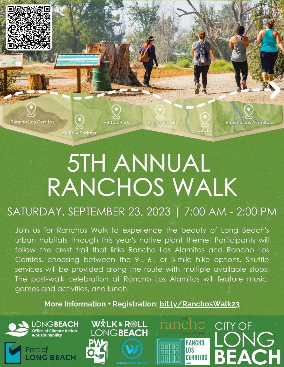 A flyer inviting residents to the 5th annual Ranchos Walk on Saturday September 23 from 7am - 2pm. More info visit bit.ly slash RanchoWalk23