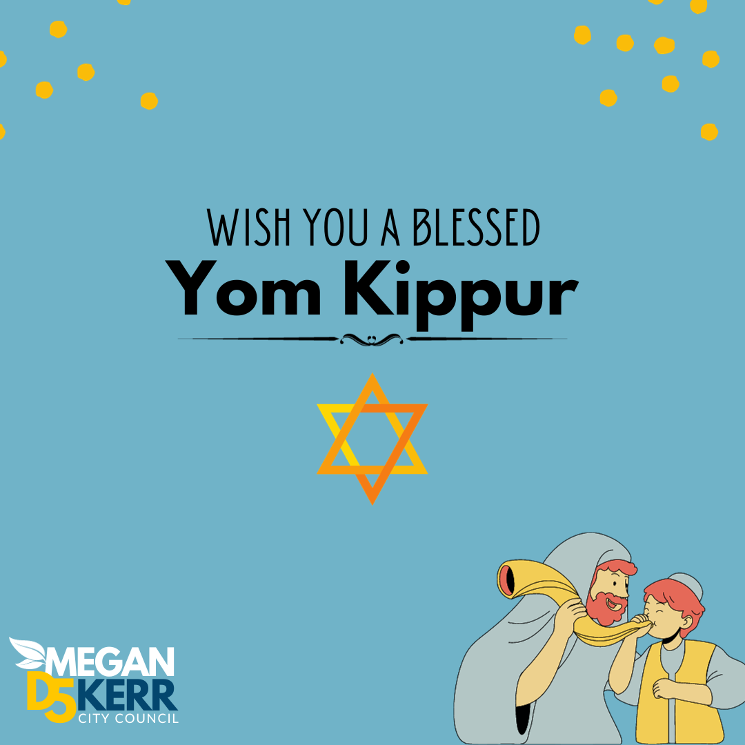 A graphic wishing residents a blessed Yom Kippur. Graphic has a star of David and a young child blowing a Shofar with a Rabbi.