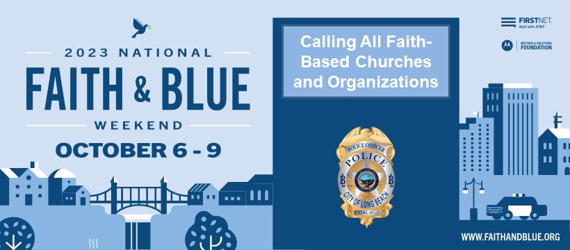 A flyer calling all faith-based churches and organizations to the 2023 National Faith and Blue Weekend on October 6 - 9 2023