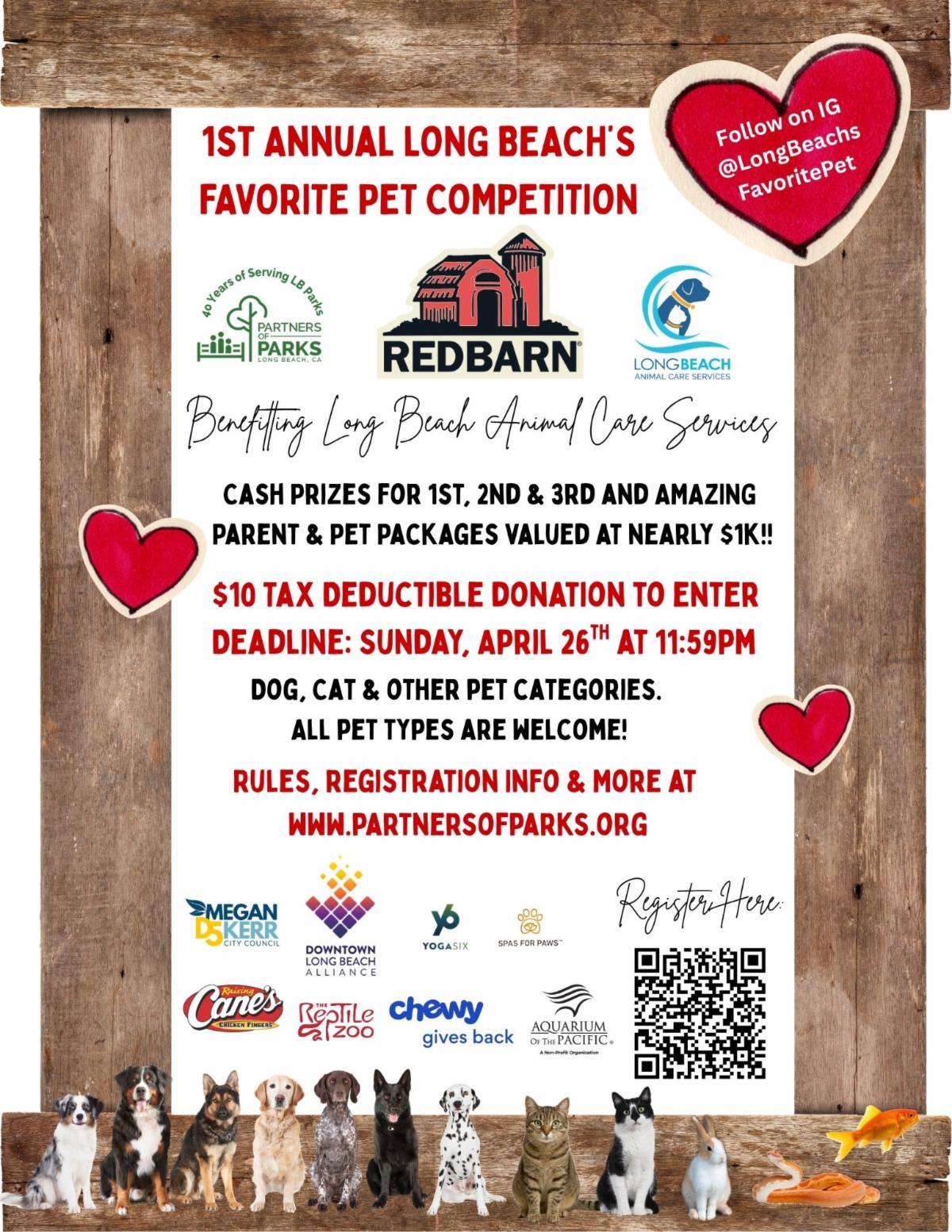 flyer for Partners of Parks inaugural LB's Favorite Pet Contest - rules, registration, and more info at partnersofparks.org
