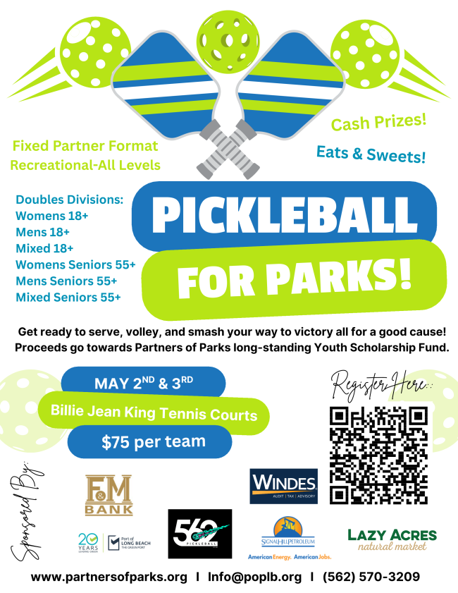 flyer with QR code for Partners of Parks Pickleball Tournament fundraiser on May 2 & 3 2026 - more info on partnersofparks.org