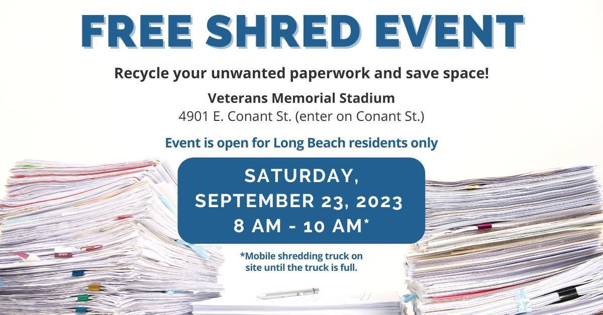 A flyer for a Free Shred Event where residents can recycle and shred unwanted paperwork taking place on Saturday September 23 8 AM to 10 AM at Veterans Memorial Stadium. 