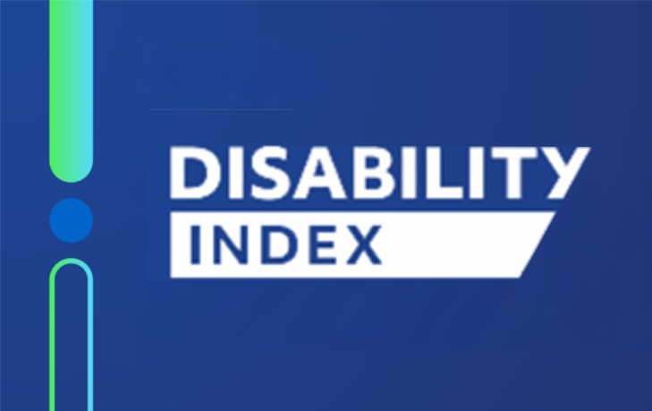 Graphic reads Disability Index. The background is a dark blue. Rounded rectangles with a blue to green gradient are placed on the left side of the image.