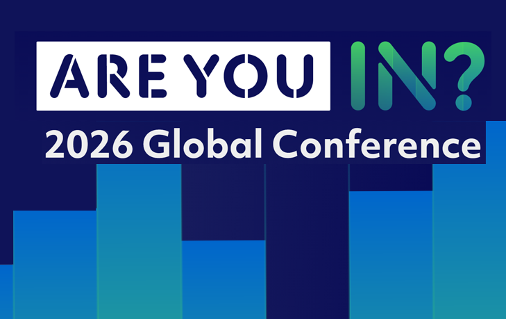 Graphic has a dark blue background with gradient bars (green to lighter blue) coming up from the bottom of the image. Above the bars, it reads, "Are You IN? 2026 Global Conference." 