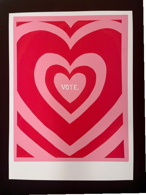 A bright pink screenprinted poster with an image of many concentric hearts around the word "Vote." 