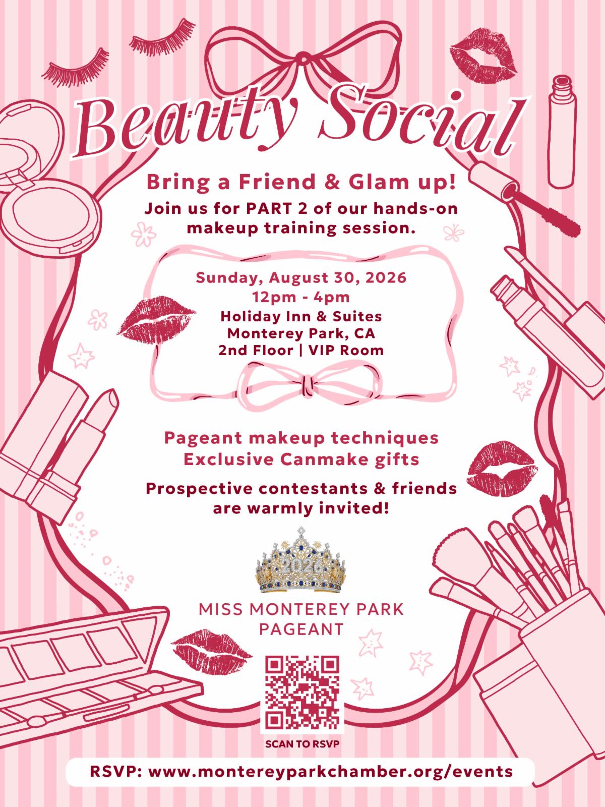 Beauty Social — Sunday August 30, 2026, 12pm–4pm at Holiday Inn & Suites Monterey Park. Bring a friend & glam up!