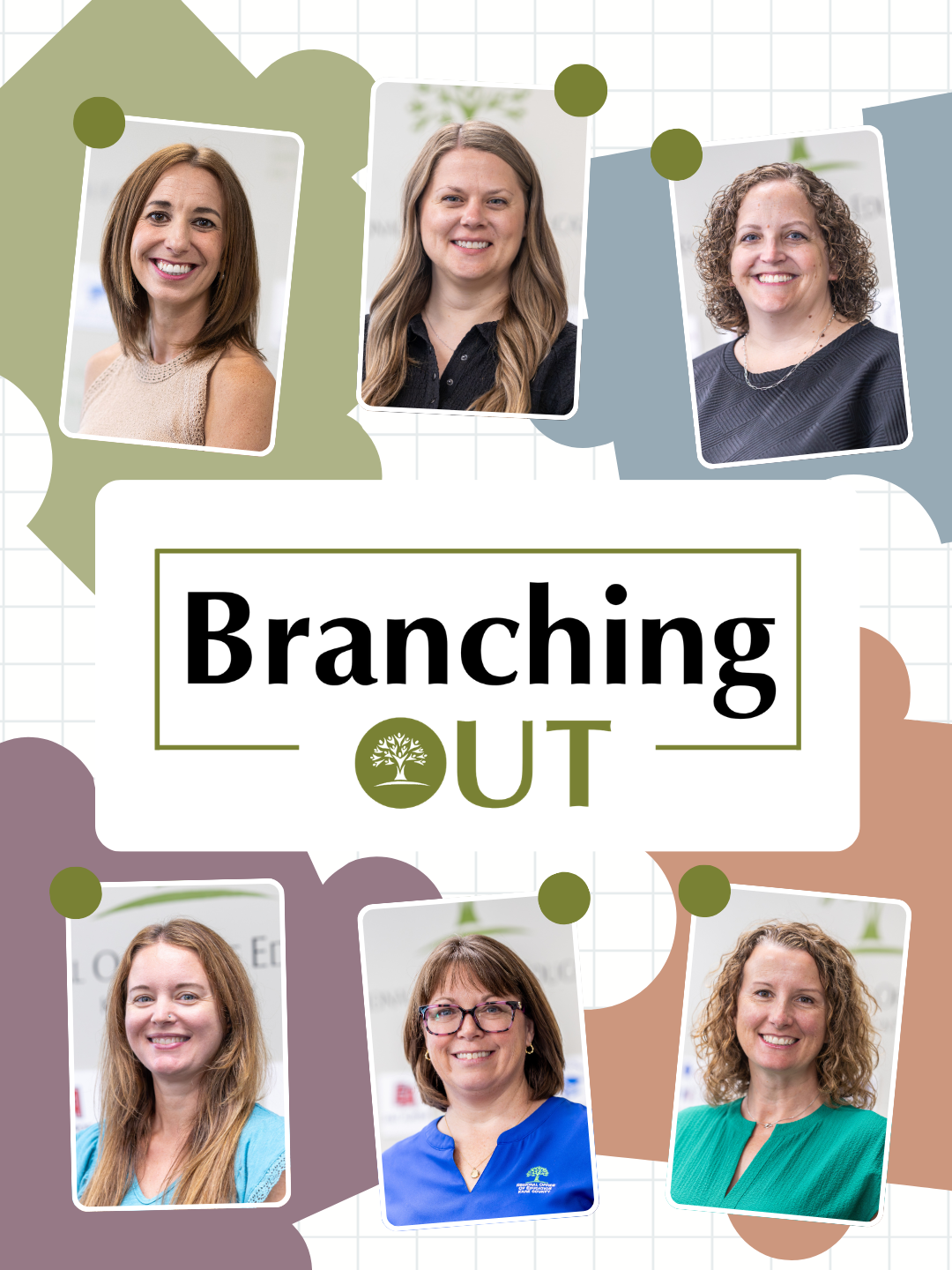 Branching Out logo surrounded by headshots of the Kane County Regional Office of Education's Professional Learning Team