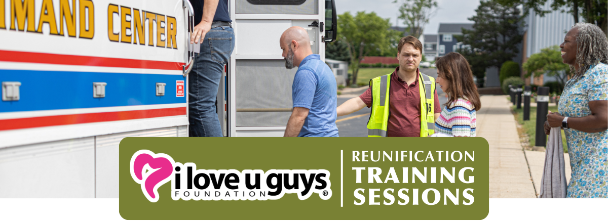 Graphic featuring logo for the I love u guys Foundation and text that reads "Reunification Training Sessions". Photo above it features attendees getting in bus for a demonstration.