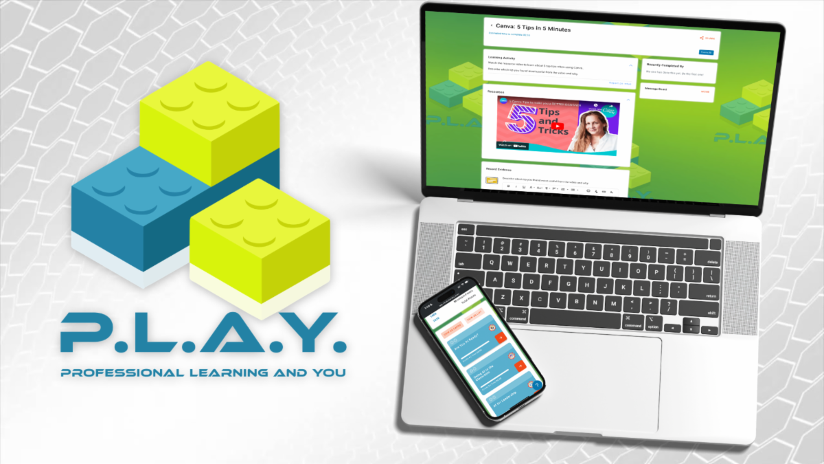Logo for Professional Learning and You next to a graphic of the homepage for their website on a laptop and phone.